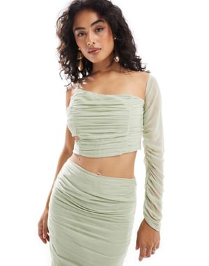 ASOS DESIGN chiffon ruffle top co-ord in sage