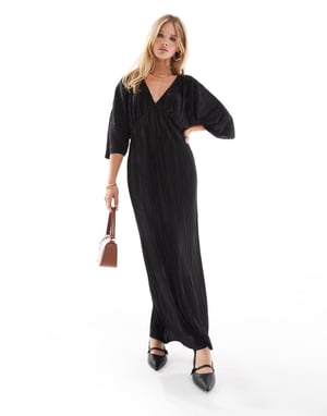 ASOS DESIGN plisserad midi-klänning med v-ringning och batwingärmar i svart