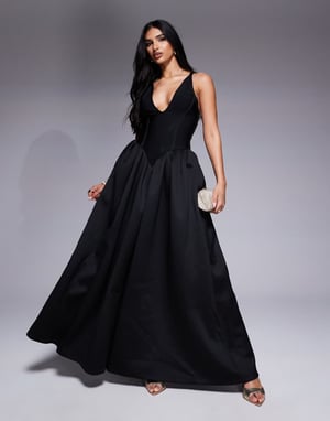 ASOS DESIGN djup halsringning bandage- och mix midi-klänning med full kjol i svart i scuba-material