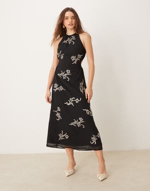 ASOS DESIGN blommönstrad broderad halterneck midiklänning med öppen rygg i svart
