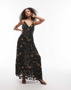 Topshop burnout blommig maxi halterneck klänning i svart