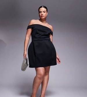 ASOS DESIGN Curve nedvändig Bardot mini-klänning i svart i scuba-liknande tyg