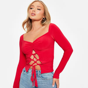 Women's I Saw It First Lace Up Ruched Bust Double Layered Crop Top in RED