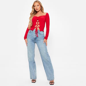 Women's I Saw It First Lace Up Ruched Bust Double Layered Crop Top in RED