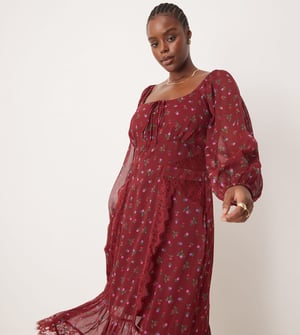 ASOS DESIGN Curve långärmad midi-klänning med knytframtill och spetsinsatser i vacker ditsyblomma