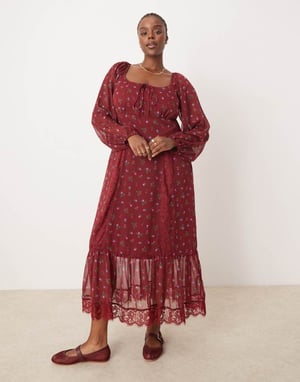 ASOS DESIGN Curve långärmad midi-klänning med knytframtill och spetsinsatser i vacker ditsyblomma