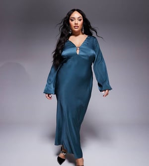 ASOS DESIGN Curve v-ringad satinblus med ärm i midaxi-längd i mörk teal