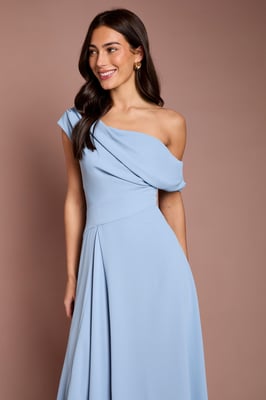 Off The Shoulder Asymmetric Lightweight Crepe Midi Dress