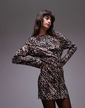 Topshop plisserad långärmad mini klänning i leopardmönster