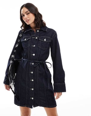 Vero Moda knapp-up denim miniärmlösa klänning i mörkblå
