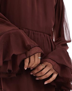 Miss Selfridge chiffong volang mini-klänning i brun