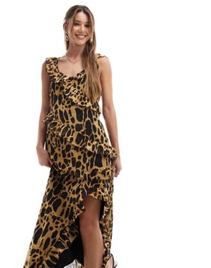 Vero Moda volangkantad chiffong maxi-klänning i naturligt leopardmönster