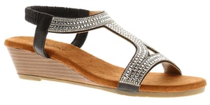 Platino Womens Wedge Sandals Sparkle Twinkle Elasticated black