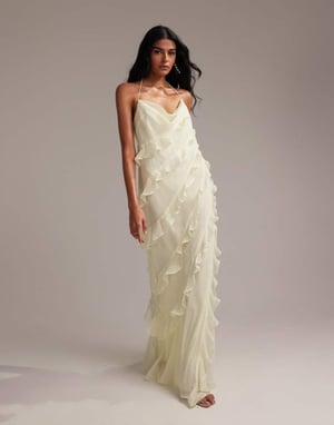 ASOS DESIGN Brudtärna volangspets cami sned maxiklänning i mjuk gul