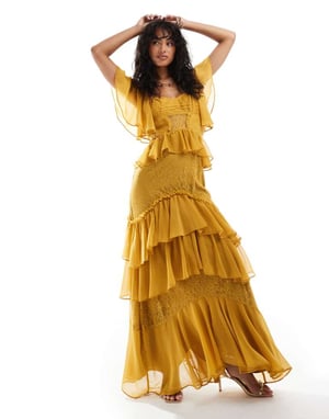 ASOS DESIGN klänning midi med fladdrande ärmar och lager med spetsinslag i senapsgul