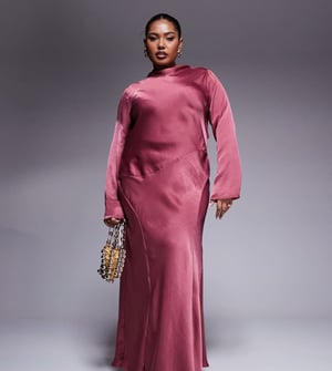 ASOS DESIGN Curve hög hals sömdetalj satin maxi-klänning i dämpad rosé