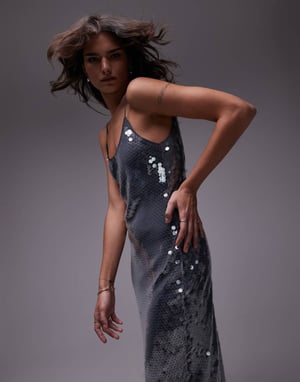 Topshop paljetts maxi slipklänning i stålgrå
