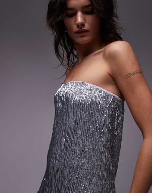 Topshop nåldekorerad bandeau maxiklänning i silver