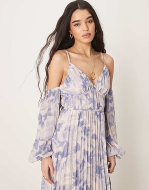 ASOS DESIGN plunge bardot pleated midaxi dress in floral print