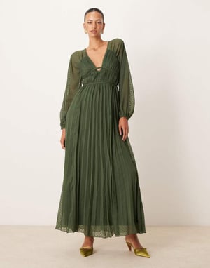 ASOS DESIGN djup urringad långärmad plisserad midaxi-klänning i khaki