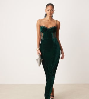 ASOS DESIGN Lång sammetstopp midi klänning med spetsinsats i djup teal