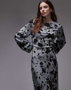 Topshop maxiklänning med ballongärmar i grå abstrakt blommönster