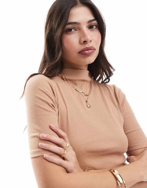 French Connection ribbad polokrage midiklänning med slits i kamel