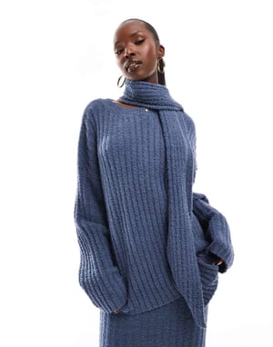 Kaiia exclusive boucle knit oversized jumper with removeable scarf co-ord in blue