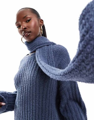 Kaiia exclusive boucle knit oversized jumper with removeable scarf co-ord in blue