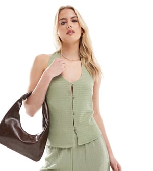 Vero Moda Tall textured jersey halter top co-ord in tea green