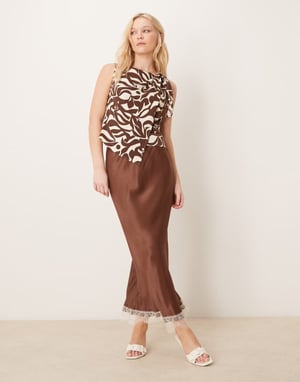 Abercrombie & Fitch one-shoulder scarf top in brown abstract print