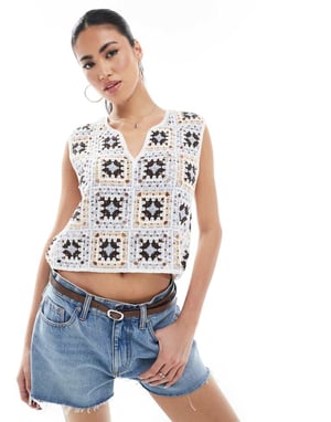 Vero Moda square crochet knit cropped vest in pale blue and cream