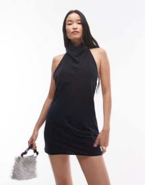Topshop sammet mini halterklänning i kolgrå