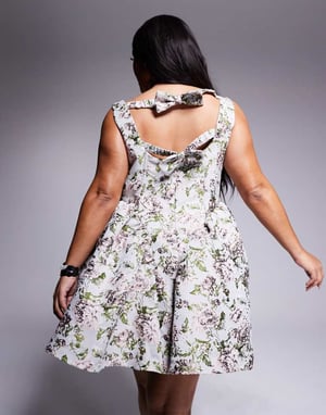 ASOS LUXE Curve jacquard midjeförsluten skater mini med rosett bak i vintageblommor