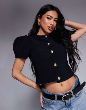 ASOS DESIGN ribbad puffärms strukturerad knappad topp i svart