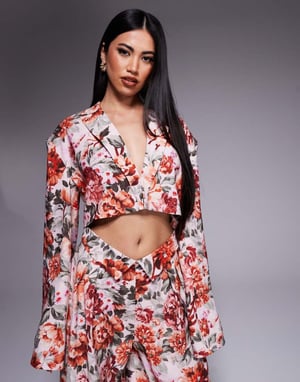 ASOS LUXE koord linne-look kort skräddarsydd kavaj i tapetblommönster