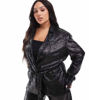 ASOS DESIGN Curve paljett blazer med knyt i midjan i svart