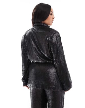 ASOS DESIGN Curve paljett blazer med knyt i midjan i svart