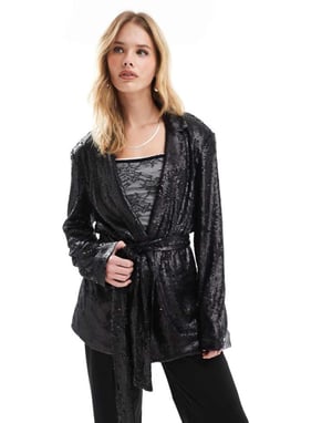 ASOS DESIGN paljetterad blazer med knytmidja i svart