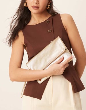 Accessorize leather foldover metallic clutch in gold