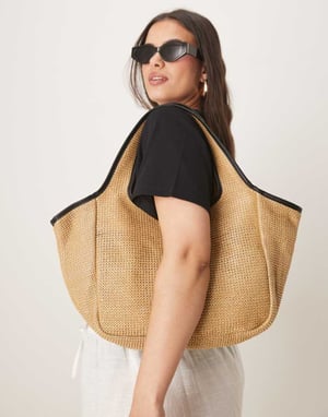 ASOS DESIGN halm tote-väska med piping i naturfärg