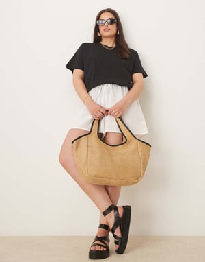 ASOS DESIGN halm tote-väska med piping i naturfärg