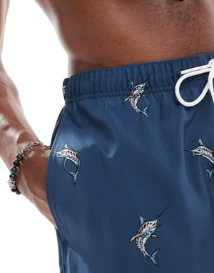Hollister 8\\' badbyxor med kontrasterande ränder i blå fisktryck
