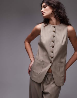Topshop high neck waistcoat with pocket in pinstripe taupe
