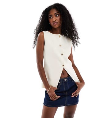ASOS DESIGN knitted button front waistcoat with gold buttons in ecru