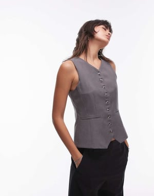 Topshop koord hög knapplåst skräddarsydd väst i skiffer BEIGE