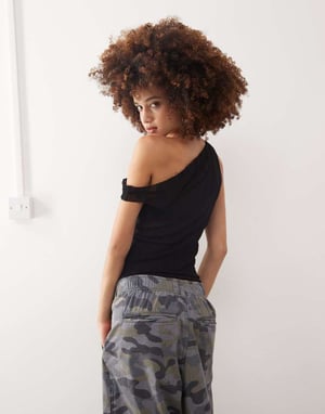 COLLUSION asymmetric off the shoulder tank in black