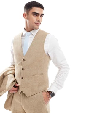 ASOS DESIGN bröllops slim ullmix väst i beige korgvävsträuktur