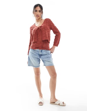 Vero Moda kortärmad virkade cardigan i terrakotta