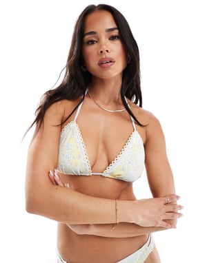 Hollister virkat mix triangelbikiniöverdel i gul blommig